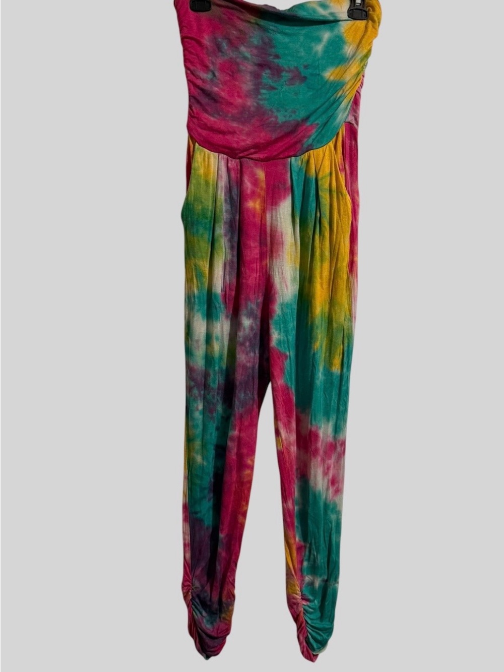 Heart Hips Strapless Tie-Dye Jumpsuit in Pink, Teal & Yellow